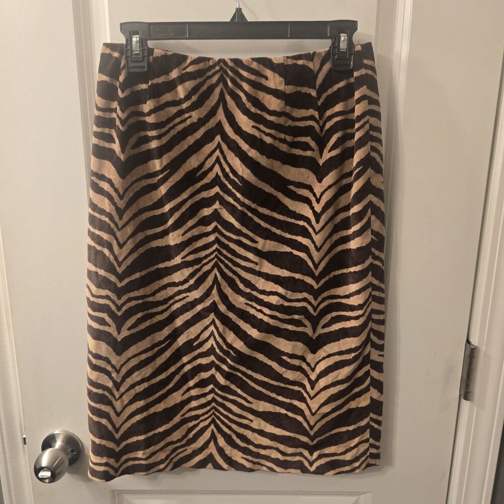 Vintage Talbots Animal Print Velvet Zebra Brown and Tan Pencil Skirt Sz 8